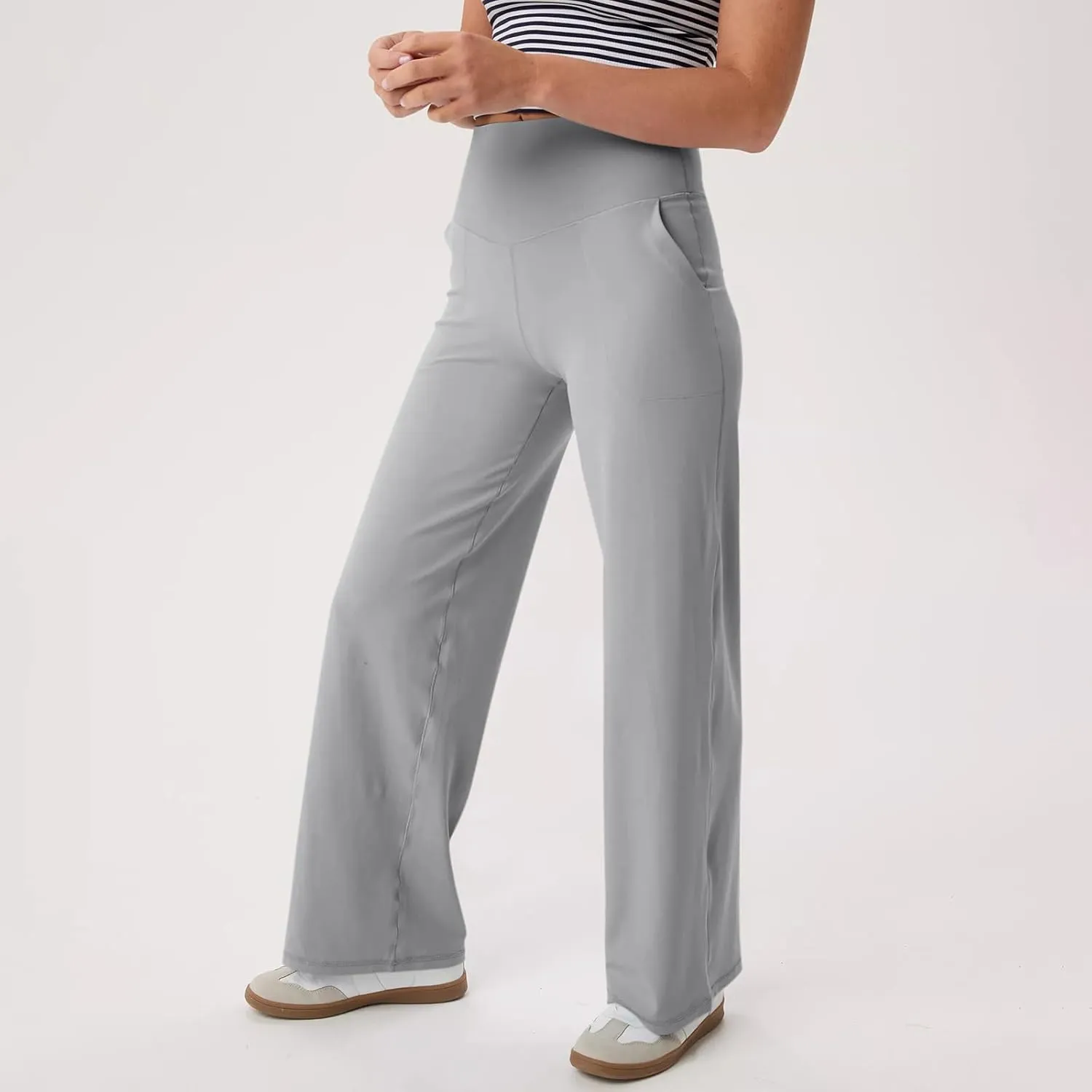 Women Wide Leg Yoga Pants with Pockets High Waist Straight Leg Dress Pants Tummy Control Flare Leggings