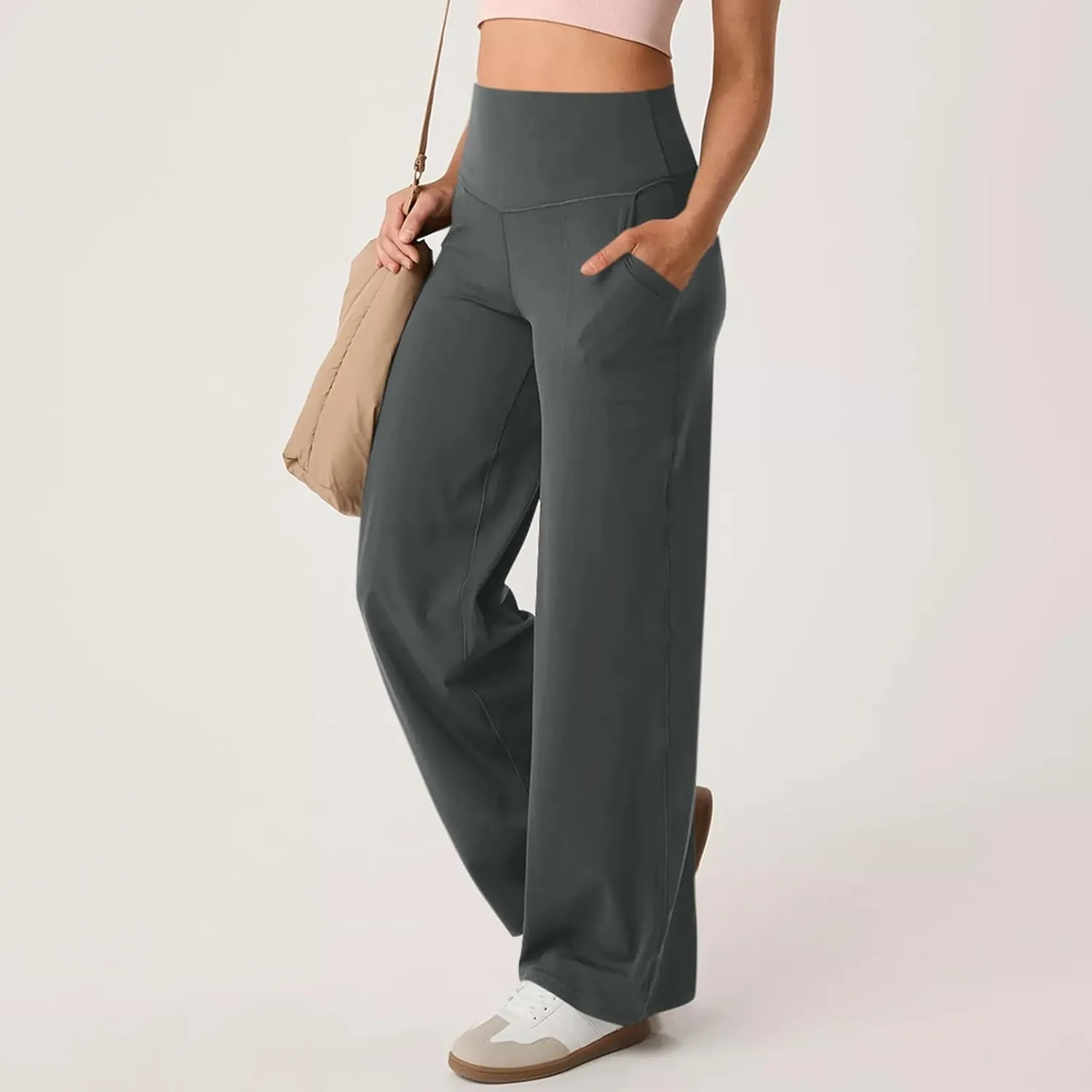 Women Wide Leg Yoga Pants with Pockets High Waist Straight Leg Dress Pants Tummy Control Flare Leggings