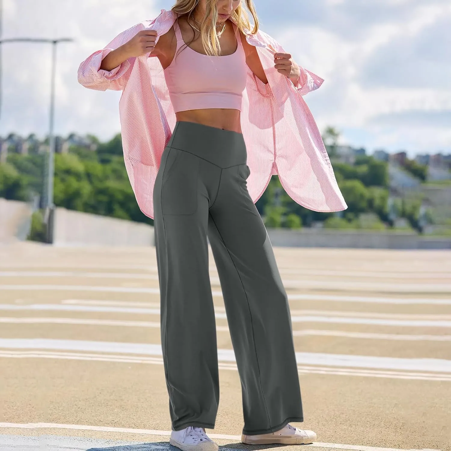 Women Wide Leg Yoga Pants with Pockets High Waist Straight Leg Dress Pants Tummy Control Flare Leggings