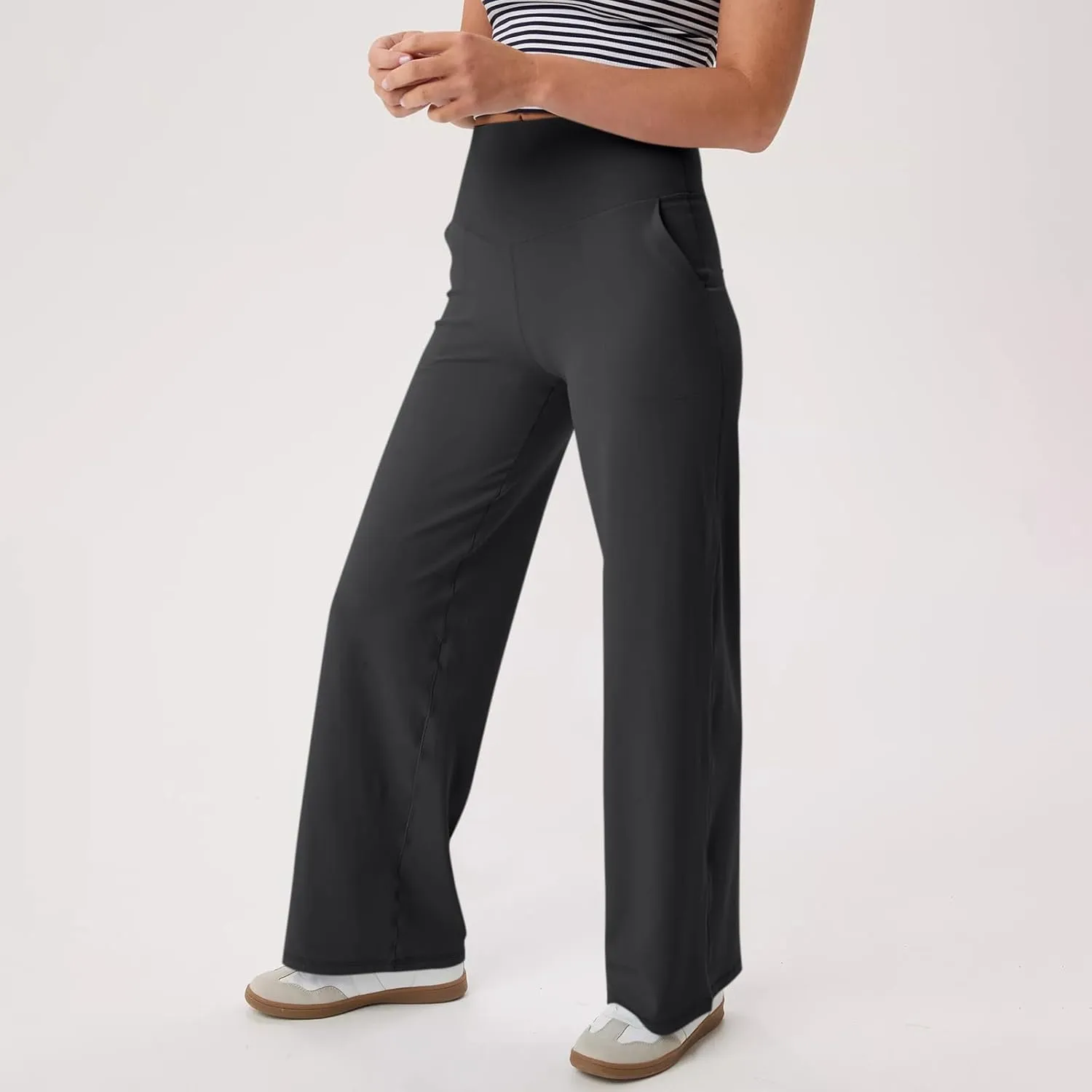 Women Wide Leg Yoga Pants with Pockets High Waist Straight Leg Dress Pants Tummy Control Flare Leggings