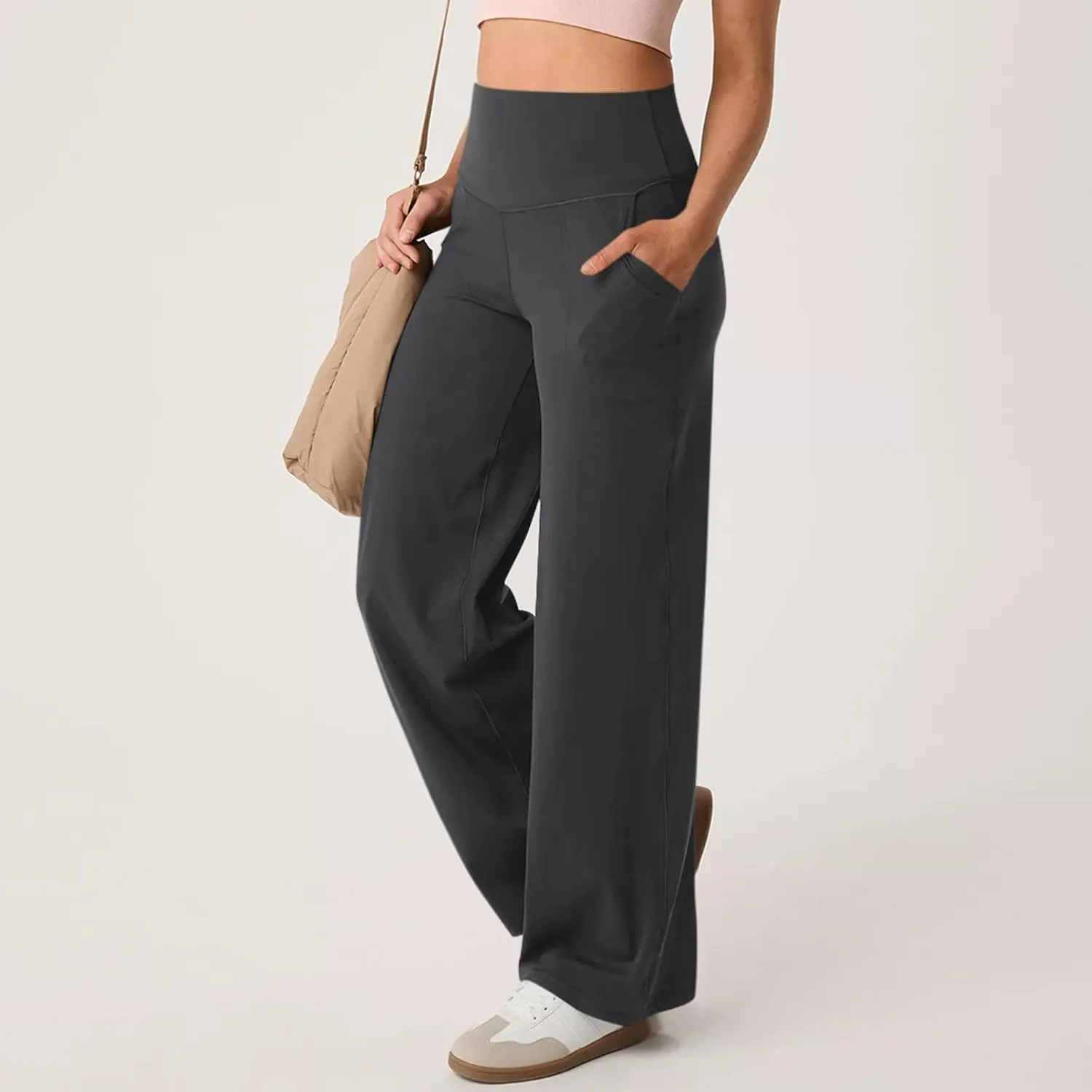 Women Wide Leg Yoga Pants with Pockets High Waist Straight Leg Dress Pants Tummy Control Flare Leggings