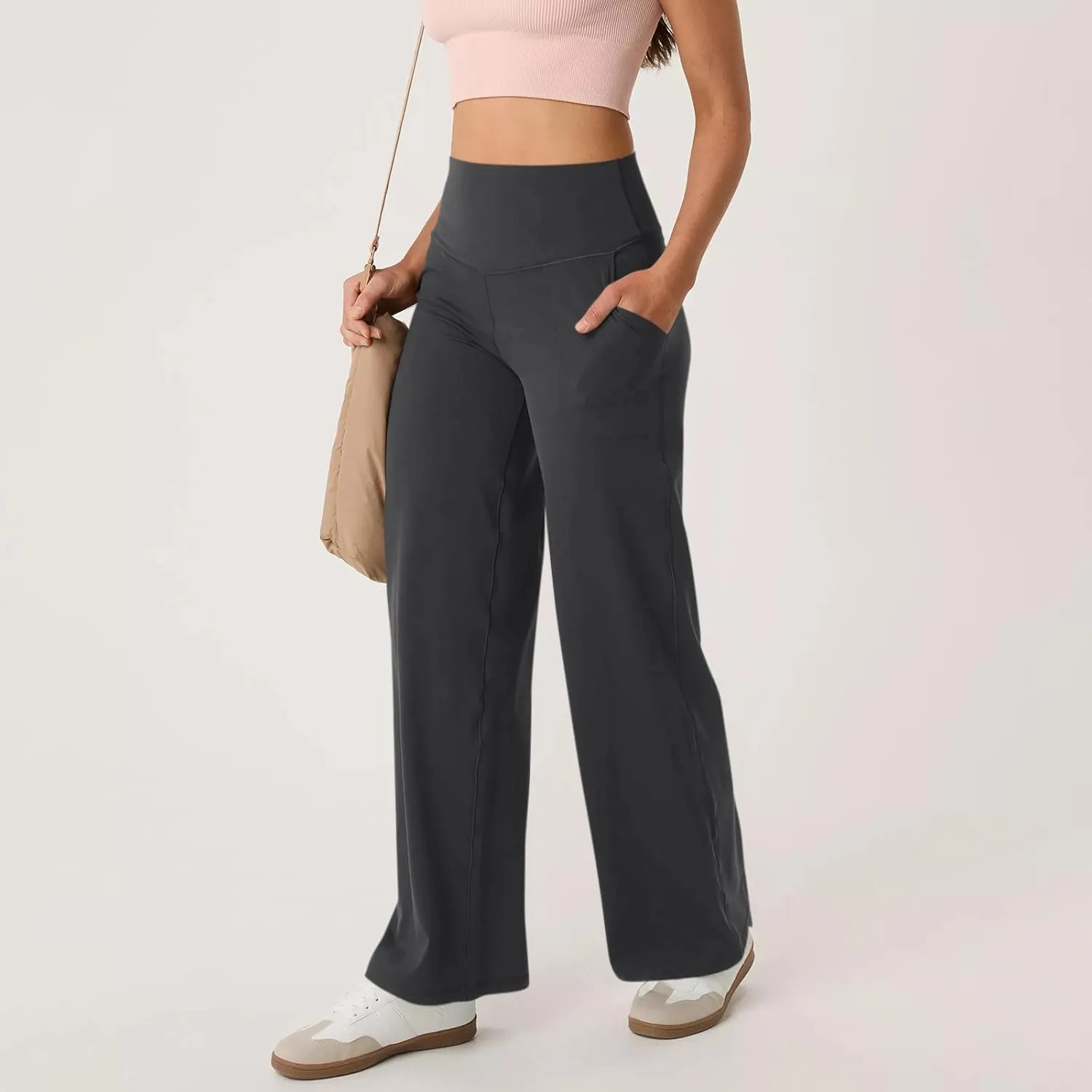 Women Wide Leg Yoga Pants with Pockets High Waist Straight Leg Dress Pants Tummy Control Flare Leggings
