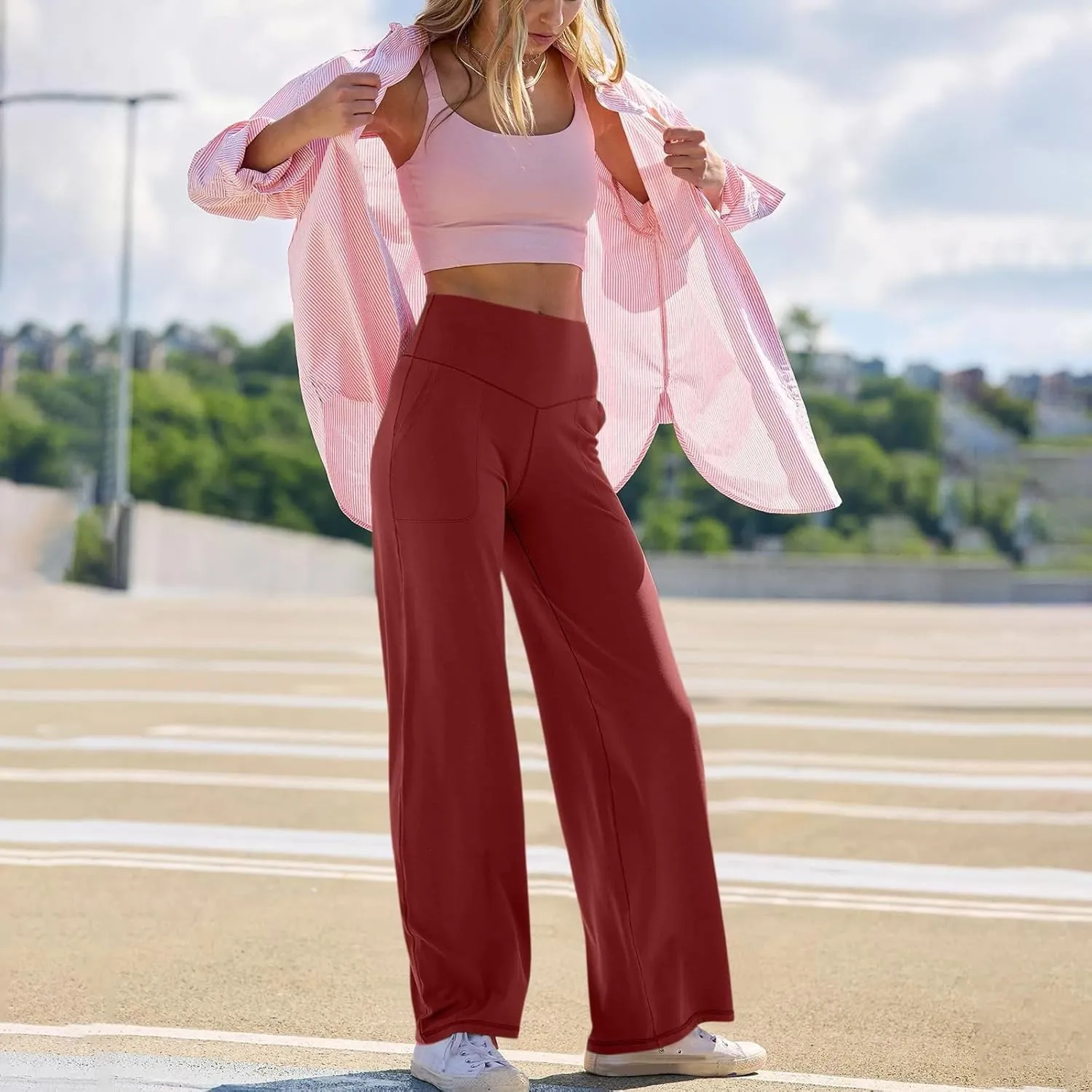 Women Wide Leg Yoga Pants with Pockets Stretch Straight Leg Dress Pants Tummy Control Flare Leggings Athletic Pant