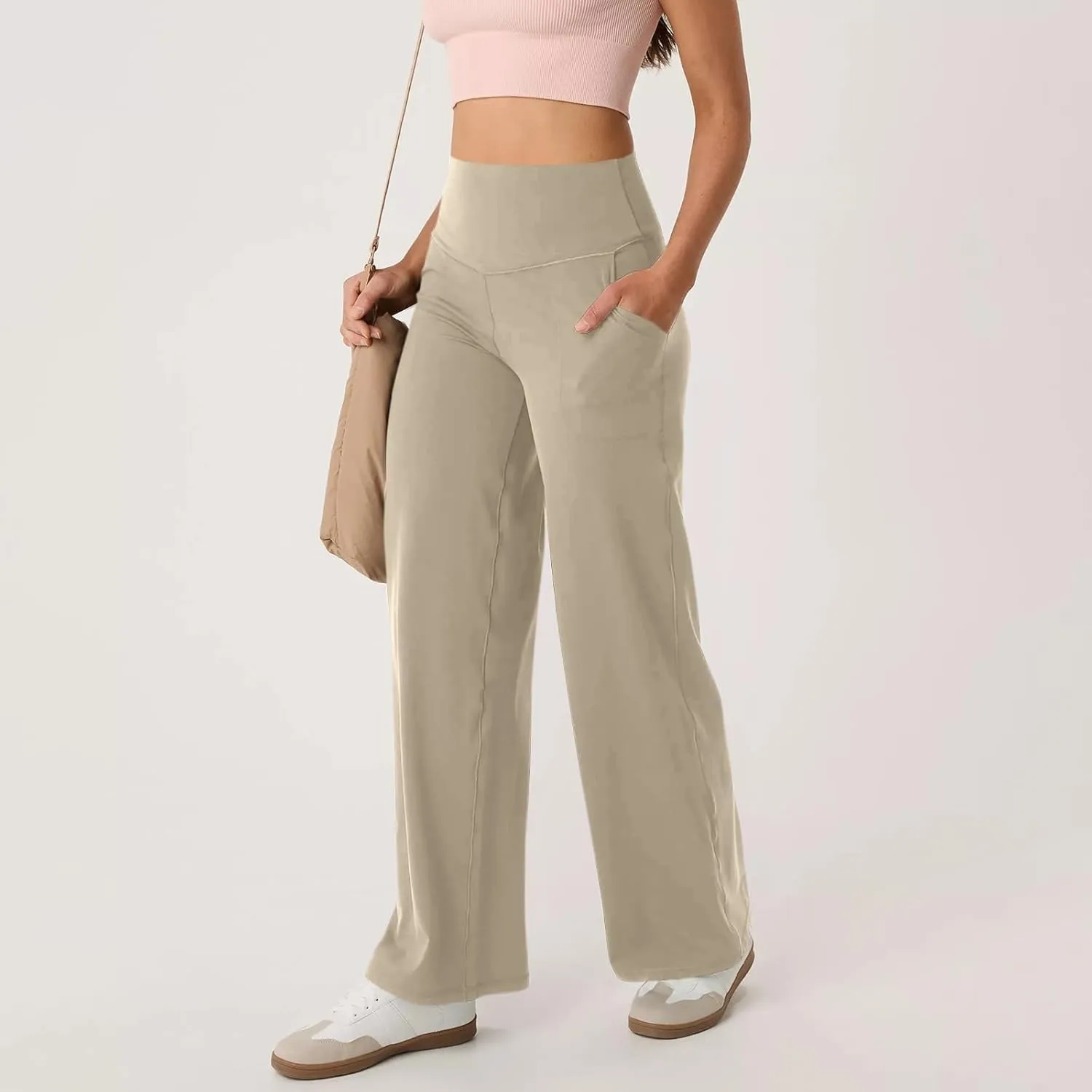Women Wide Leg Yoga Pants with Pockets Stretch Straight Leg Dress Pants Tummy Control Flare Leggings Athletic Pant
