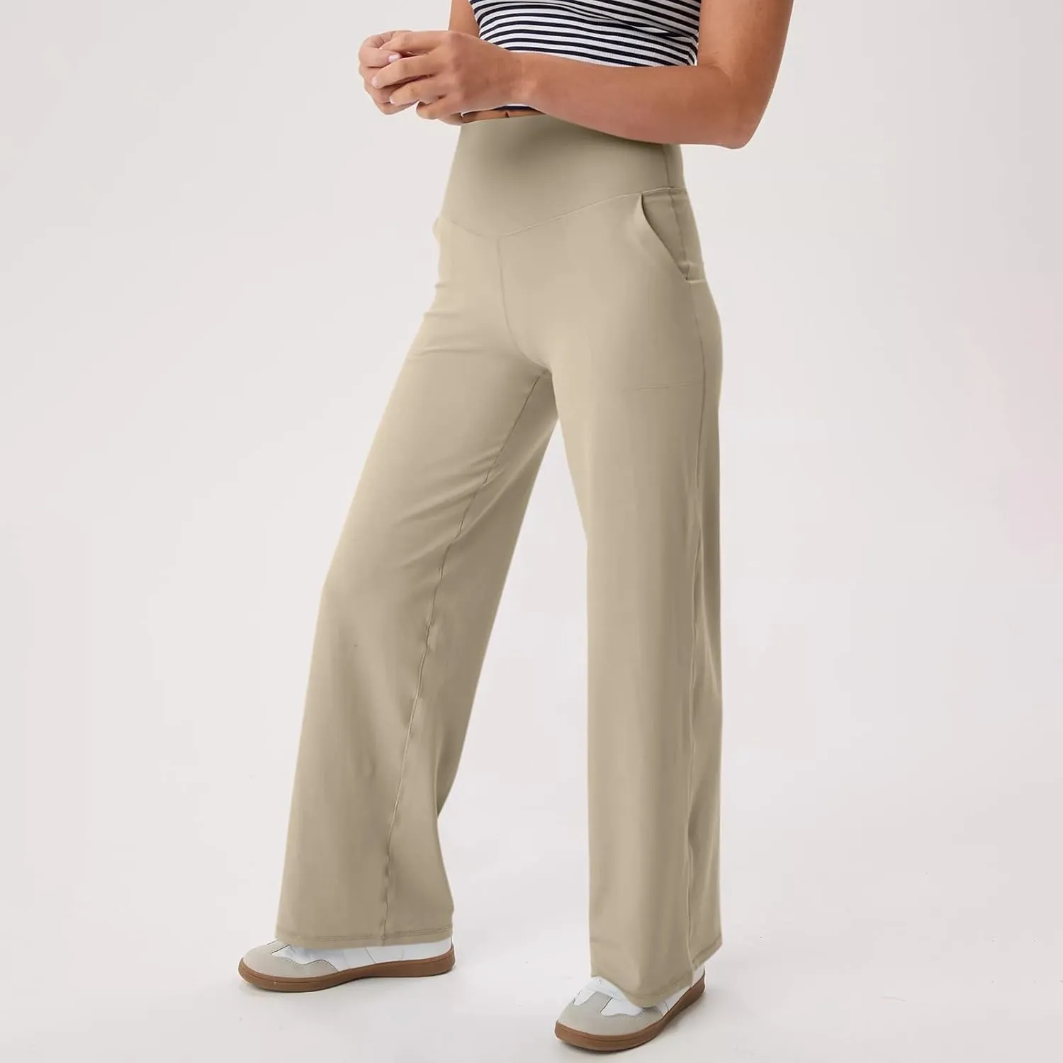 Women Wide Leg Yoga Pants with Pockets Stretch Straight Leg Dress Pants Tummy Control Flare Leggings Athletic Pant
