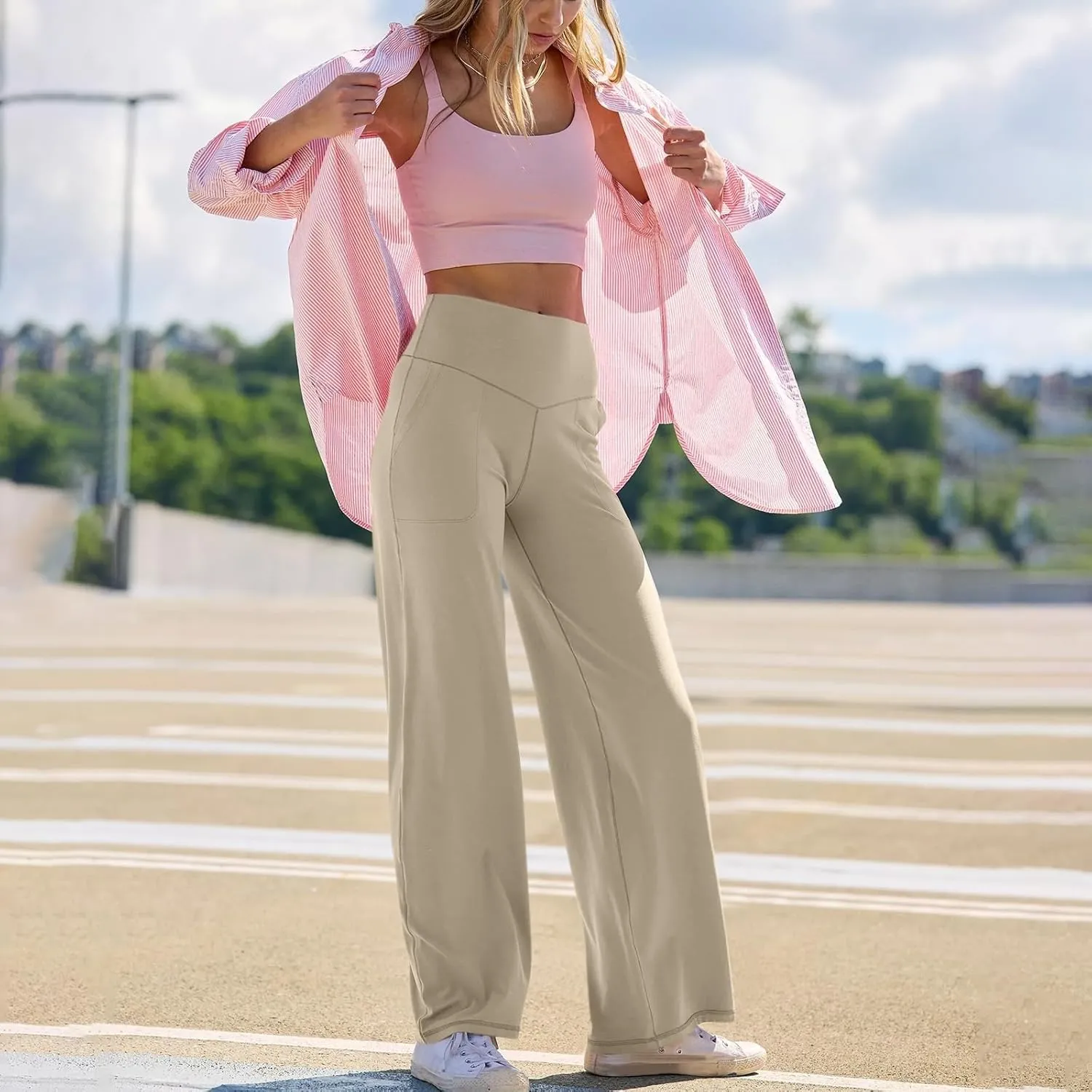 Women Wide Leg Yoga Pants with Pockets Stretch Straight Leg Dress Pants Tummy Control Flare Leggings Athletic Pant
