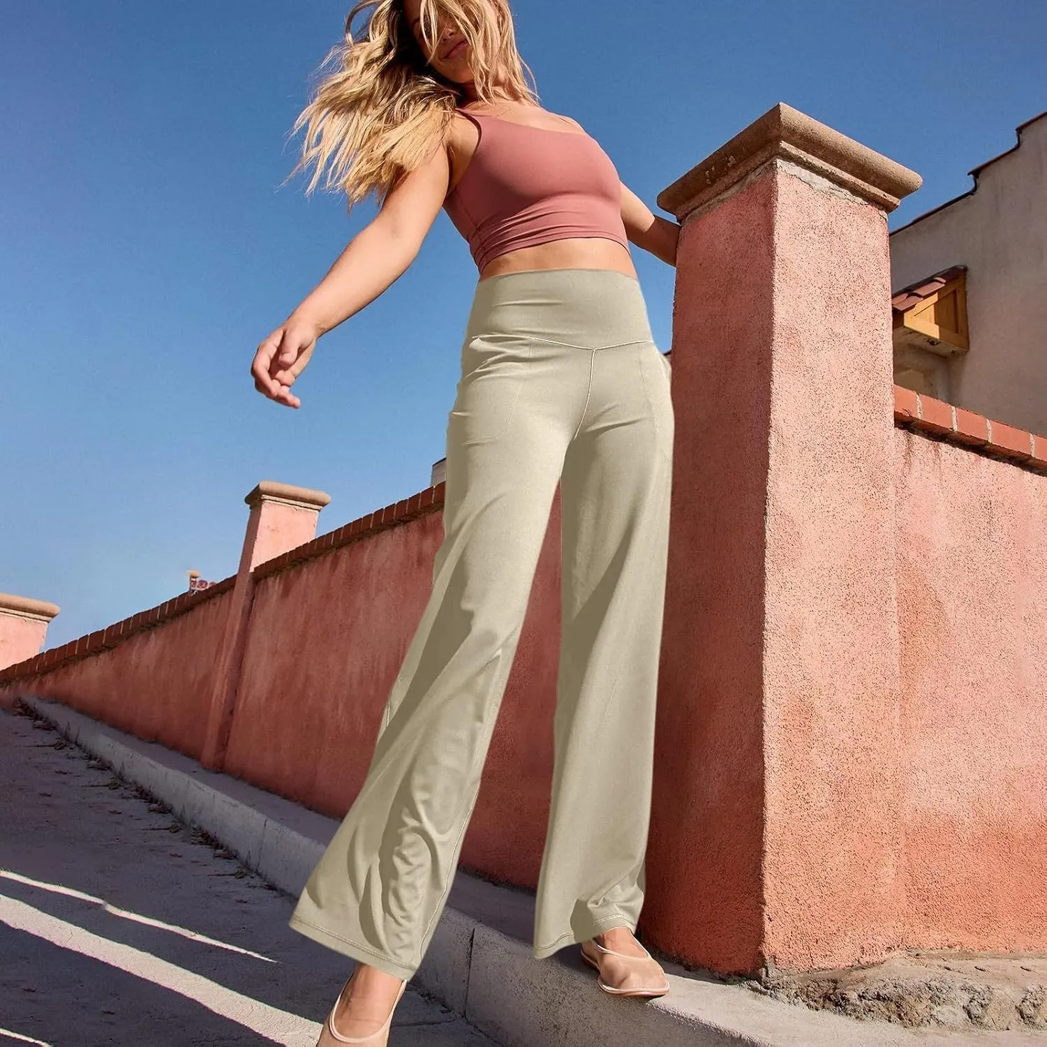 Women Wide Leg Yoga Pants with Pockets Stretch Straight Leg Dress Pants Tummy Control Flare Leggings Athletic Pant