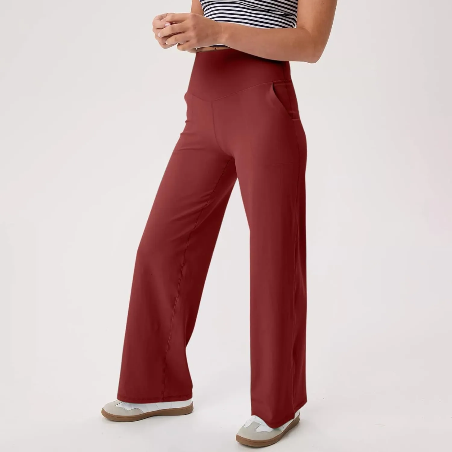Women Wide Leg Yoga Pants with Pockets Stretch Straight Leg Dress Pants Tummy Control Flare Leggings Athletic Pant
