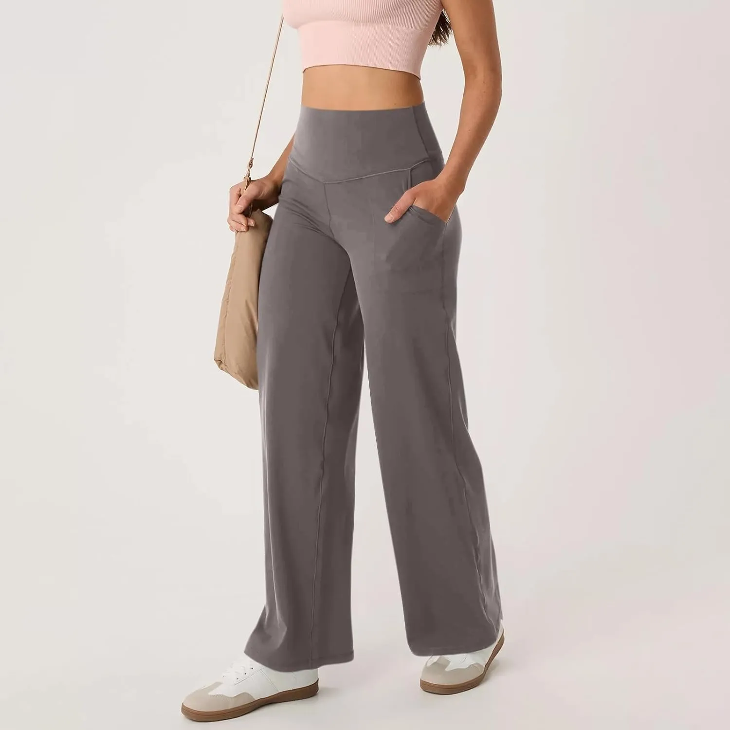 Women Wide Leg Yoga Pants with Pockets Stretch Straight Leg Dress Pants Tummy Control Flare Leggings Athletic Pant
