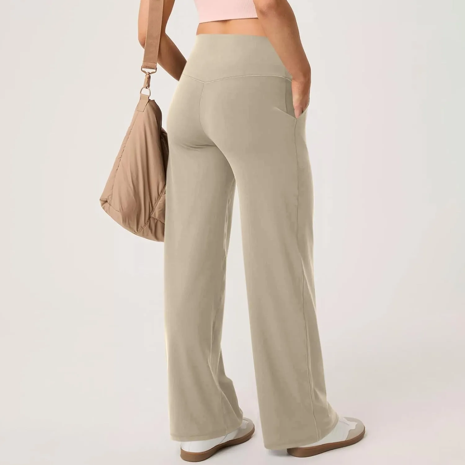 Women Wide Leg Yoga Pants with Pockets Stretch Straight Leg Dress Pants Tummy Control Flare Leggings Athletic Pant