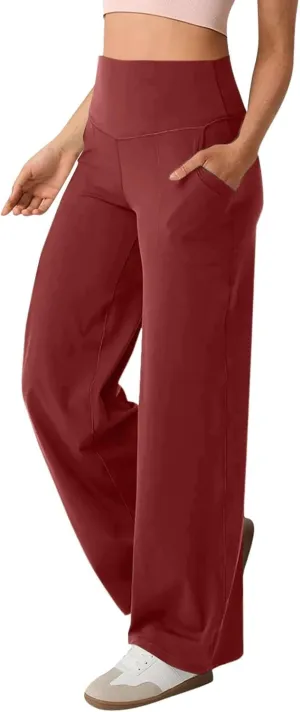 Women Wide Leg Yoga Pants with Pockets Stretch Straight Leg Dress Pants Tummy Control Flare Leggings Athletic Pant