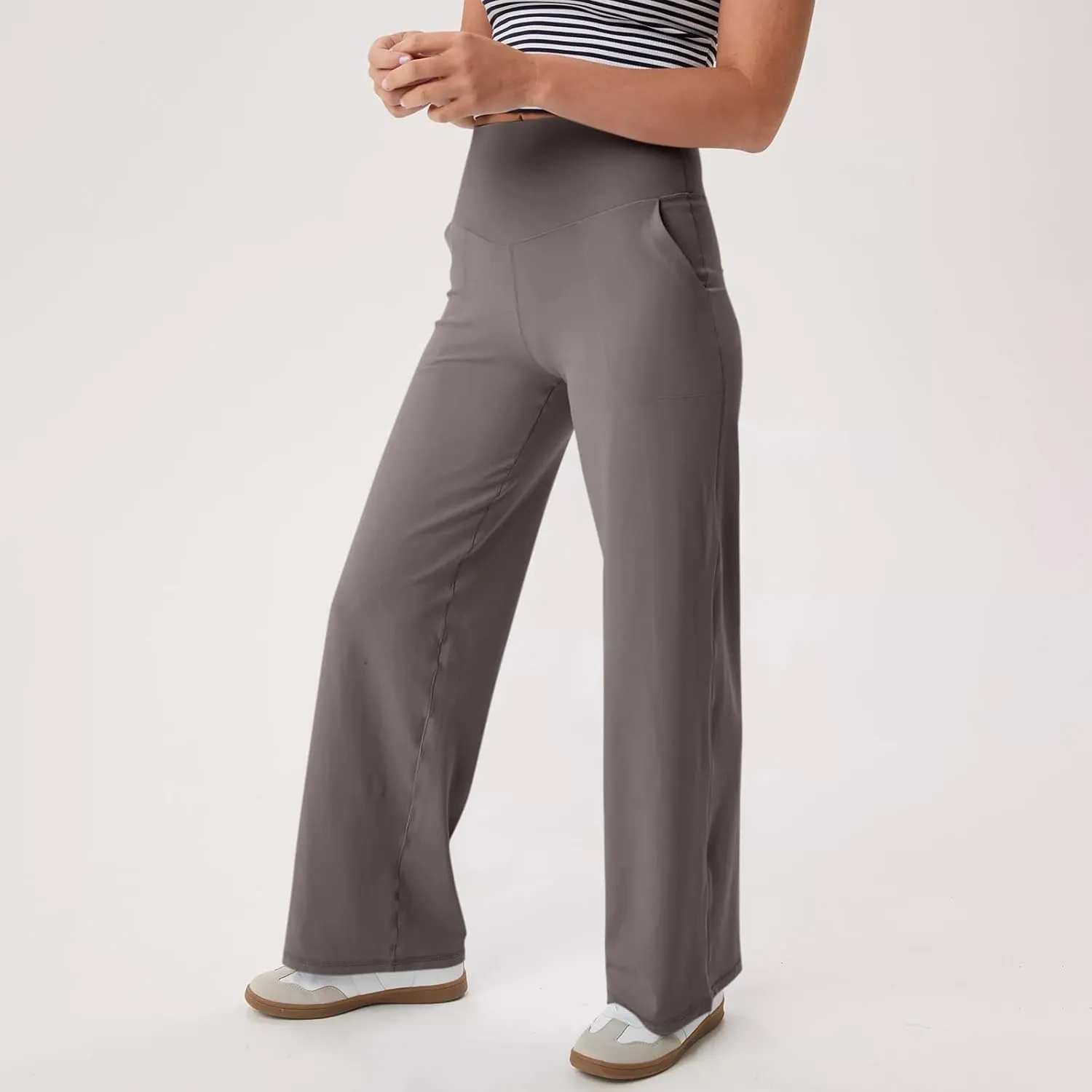 Women Wide Leg Yoga Pants with Pockets Stretch Straight Leg Dress Pants Tummy Control Flare Leggings Athletic Pant