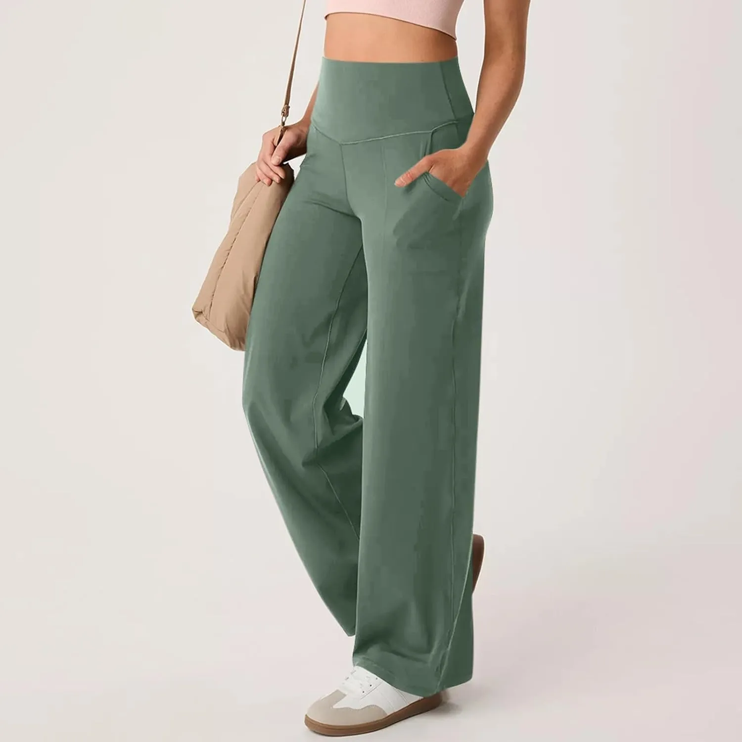 Women Wide Leg Yoga Pants with Pockets Stretch Straight Leg Dress Pants Tummy Control Flare Leggings Athletic Pant