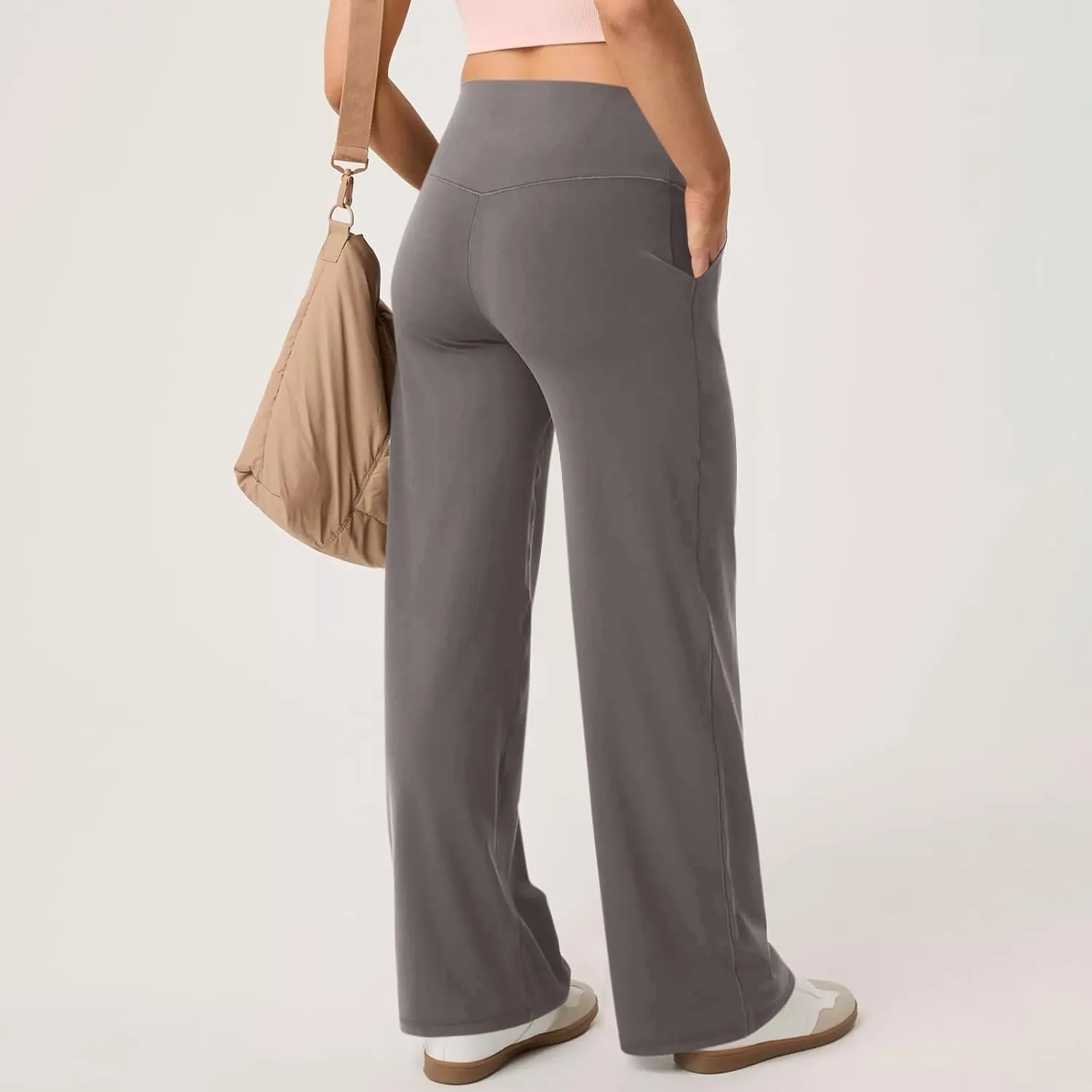 Women Wide Leg Yoga Pants with Pockets Stretch Straight Leg Dress Pants Tummy Control Flare Leggings Athletic Pant