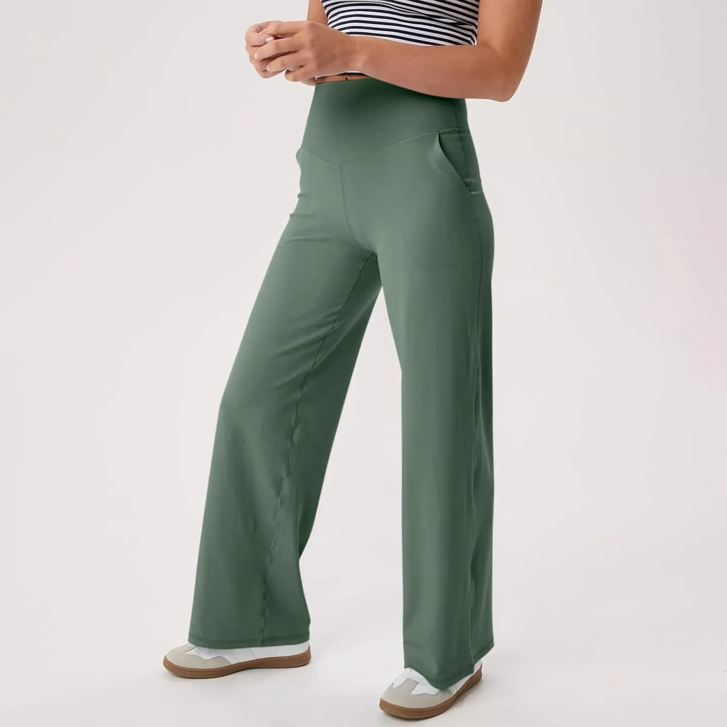 Women Wide Leg Yoga Pants with Pockets Stretch Straight Leg Dress Pants Tummy Control Flare Leggings Athletic Pant