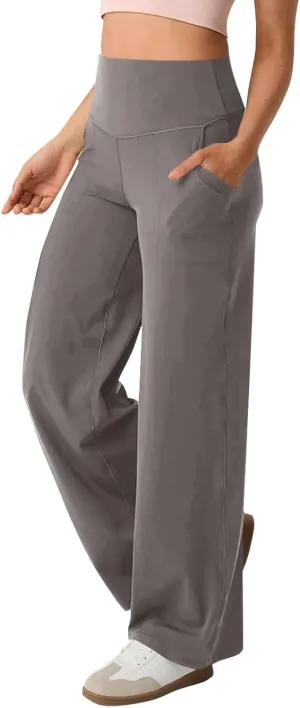 Women Wide Leg Yoga Pants with Pockets Stretch Straight Leg Dress Pants Tummy Control Flare Leggings Athletic Pant