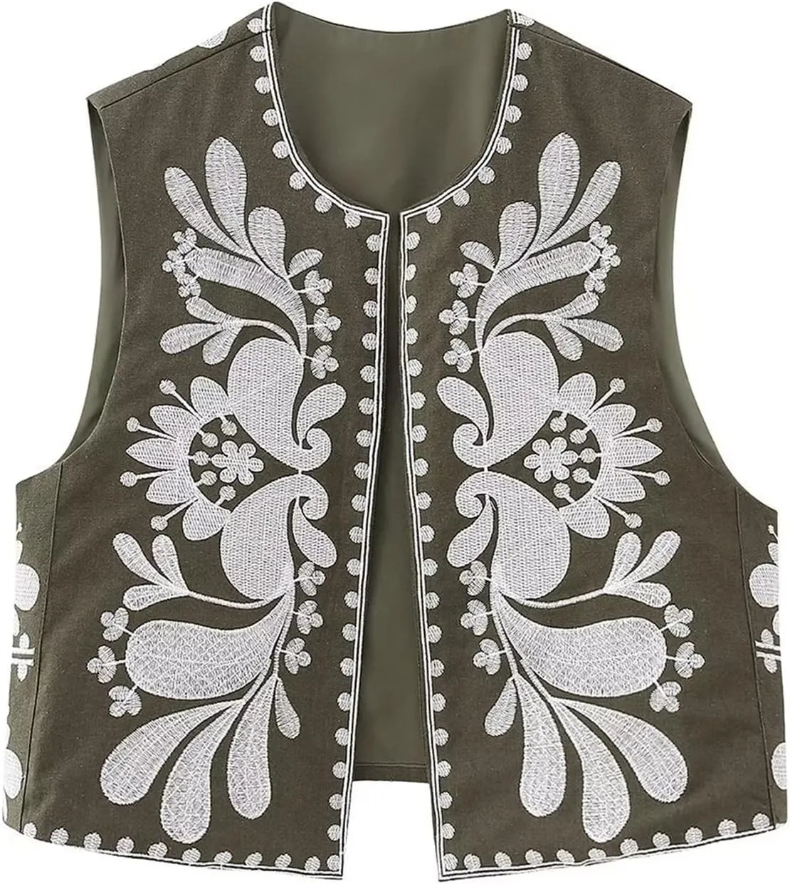 Women Y2k Floral Embroidered Crop Vest Sleeveless Open Front Flower Linen Short Vest Cardigans Tops Streetwear