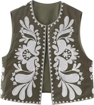 Women Y2k Floral Embroidered Crop Vest Sleeveless Open Front Flower Linen Short Vest Cardigans Tops Streetwear