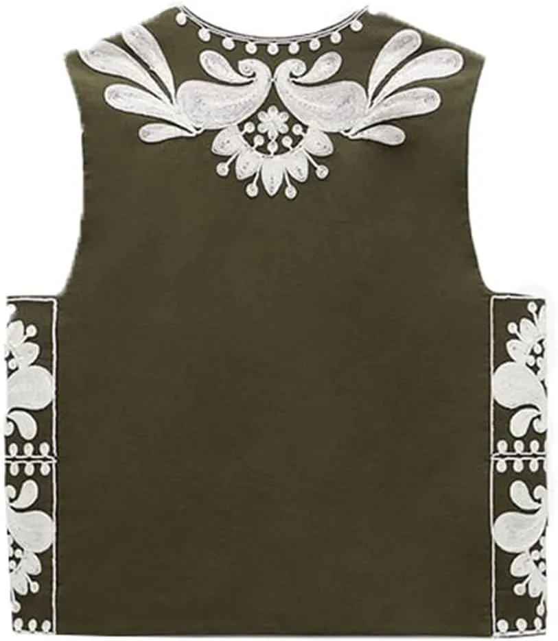 Women Y2k Floral Embroidered Crop Vest Sleeveless Open Front Flower Linen Short Vest Cardigans Tops Streetwear