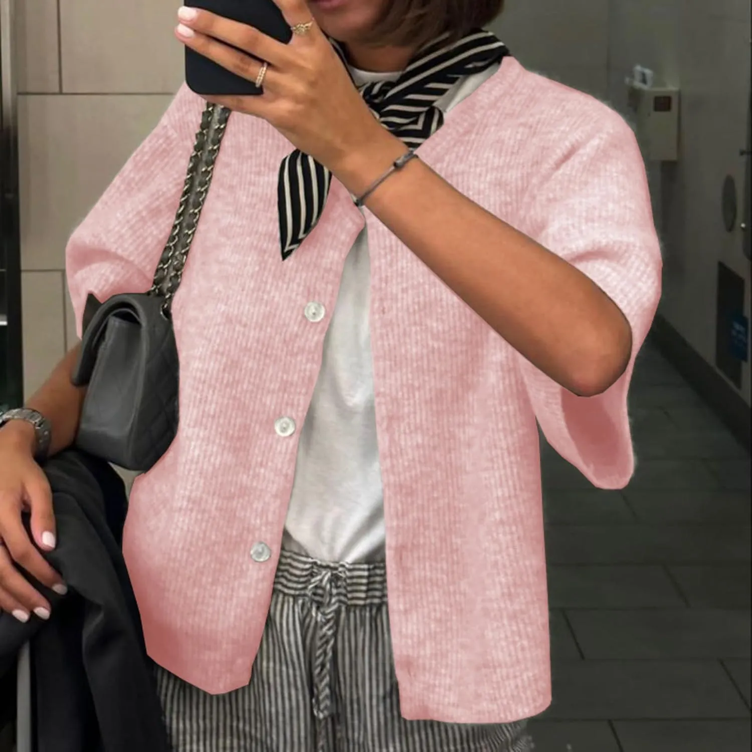Women Y2k Knitted Crop Cardigan Short Sleeve Button Up Rib Knit Solid Color Cute Sweater Shirt
