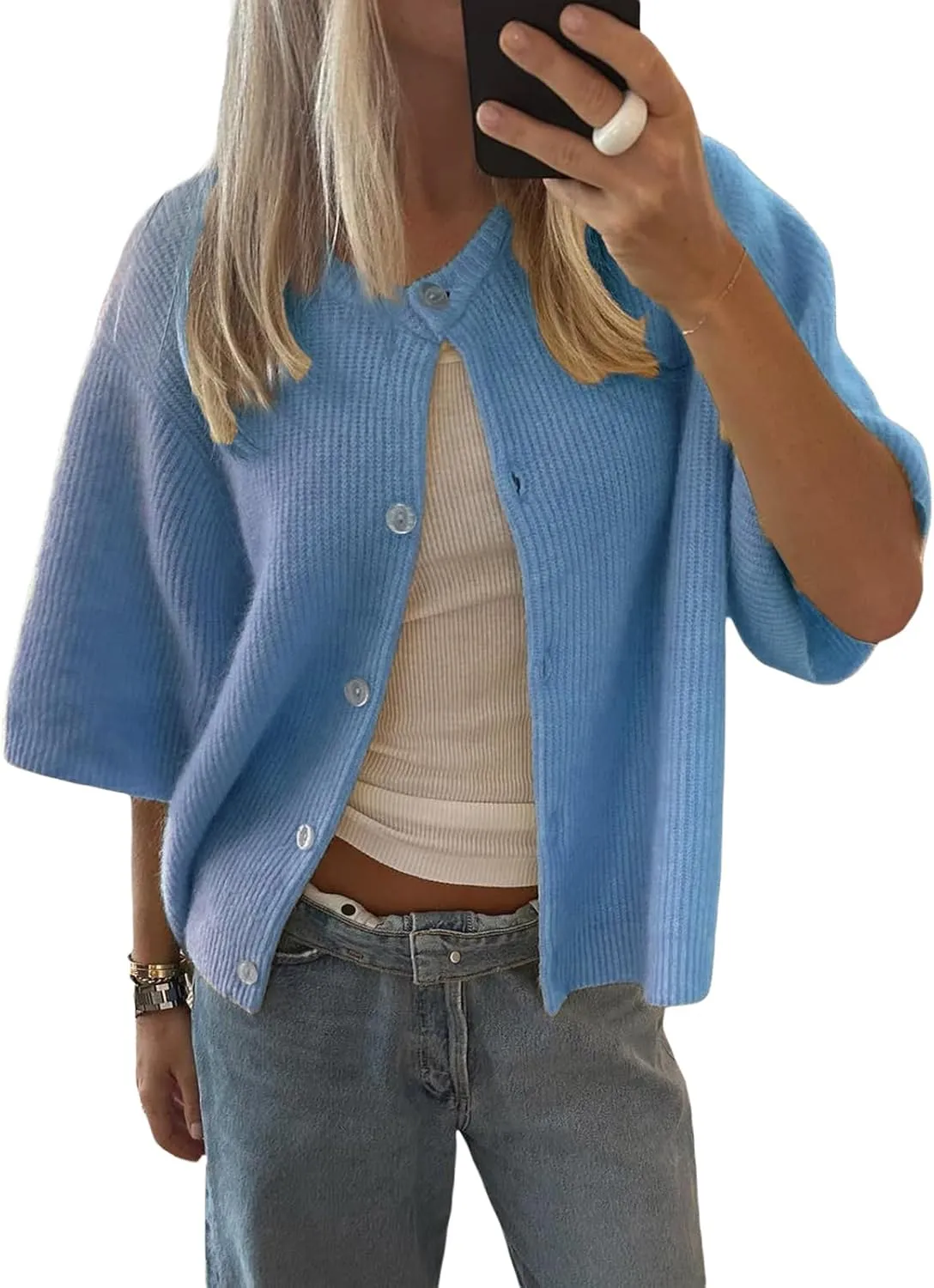 Women Y2k Knitted Crop Cardigan Short Sleeve Button Up Rib Knit Solid Color Cute Sweater Shirt