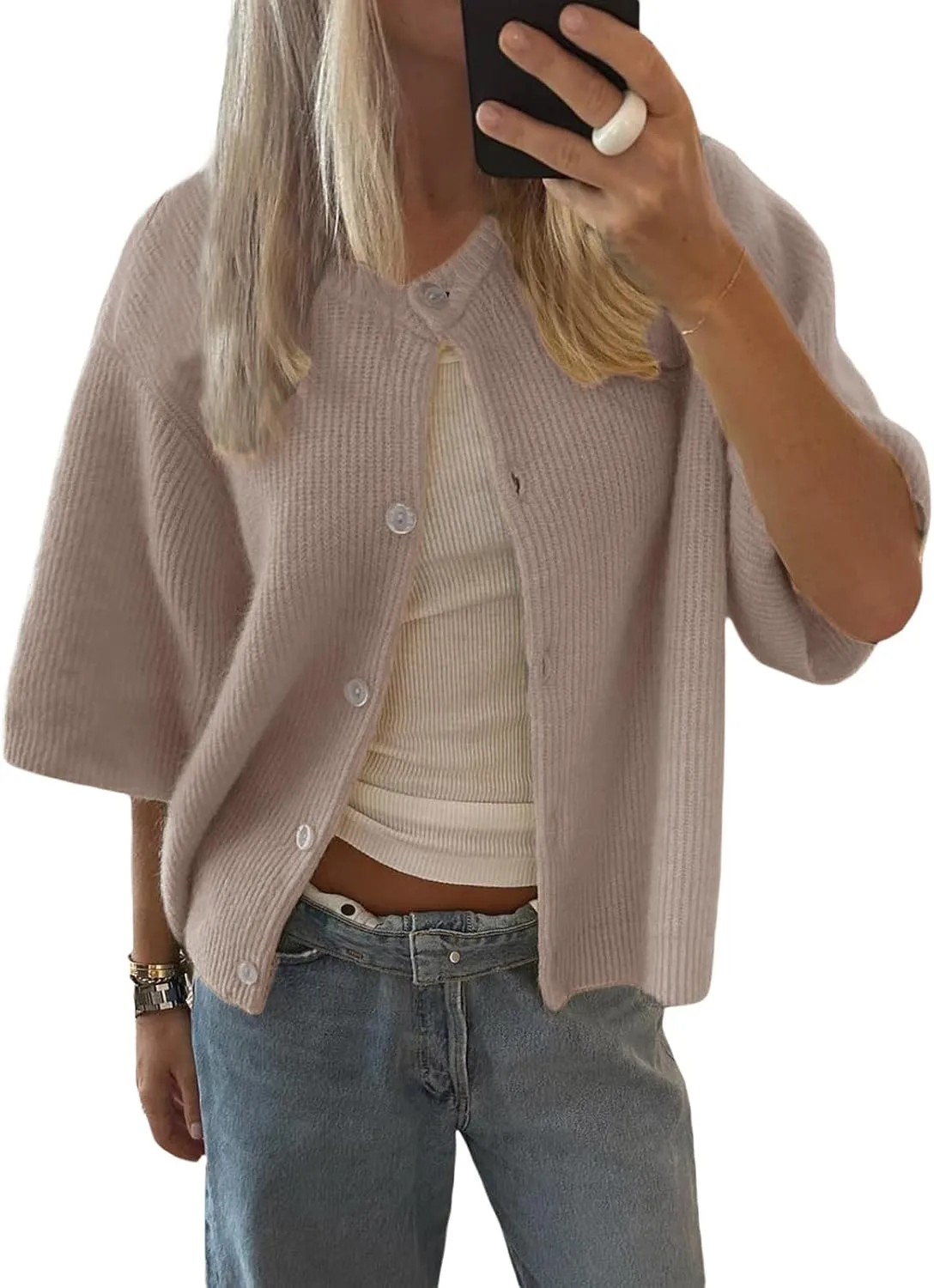 Women Y2k Knitted Crop Cardigan Short Sleeve Button Up Rib Knit Solid Color Cute Sweater Shirt