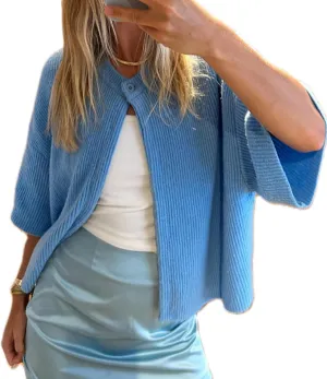 Women Y2k Knitted Crop Cardigan Short Sleeve Button Up Rib Knit Solid Color Cute Sweater Shirt