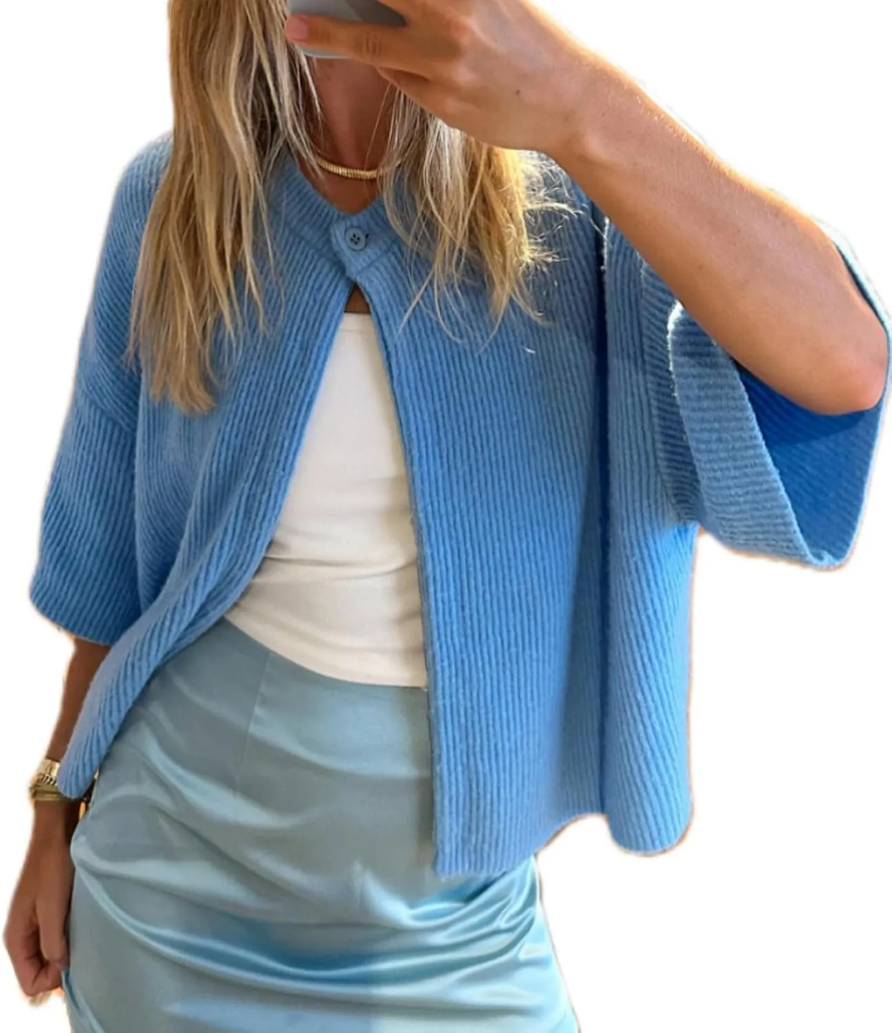 Women Y2k Knitted Crop Cardigan Short Sleeve Button Up Rib Knit Solid Color Cute Sweater Shirt