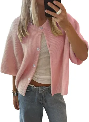 Women Y2k Knitted Crop Cardigan Short Sleeve Button Up Rib Knit Solid Color Cute Sweater Shirt