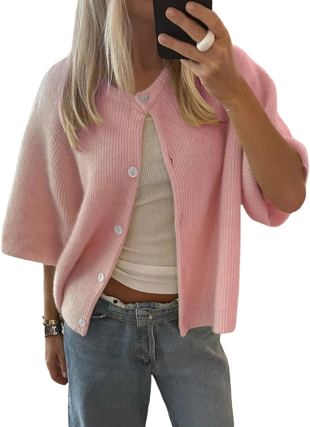 Women Y2k Knitted Crop Cardigan Short Sleeve Button Up Rib Knit Solid Color Cute Sweater Shirt