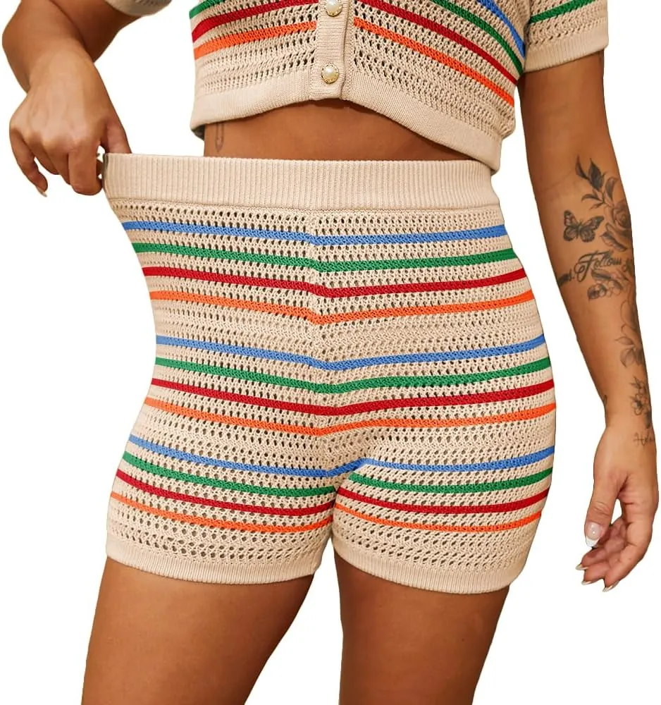 Womens 2 Piece Crochet Outfits Knit Button Down Shirts Hollow Out See Through Color Block Summer Vacation Short Sets