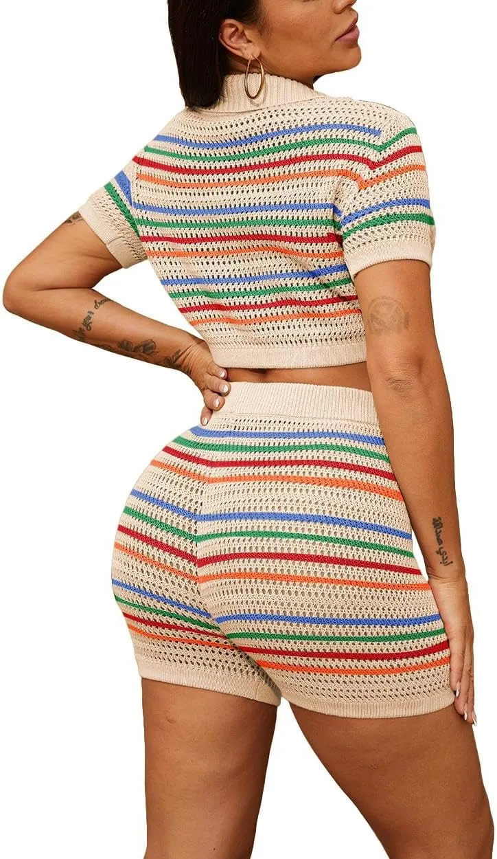 Womens 2 Piece Crochet Outfits Knit Button Down Shirts Hollow Out See Through Color Block Summer Vacation Short Sets