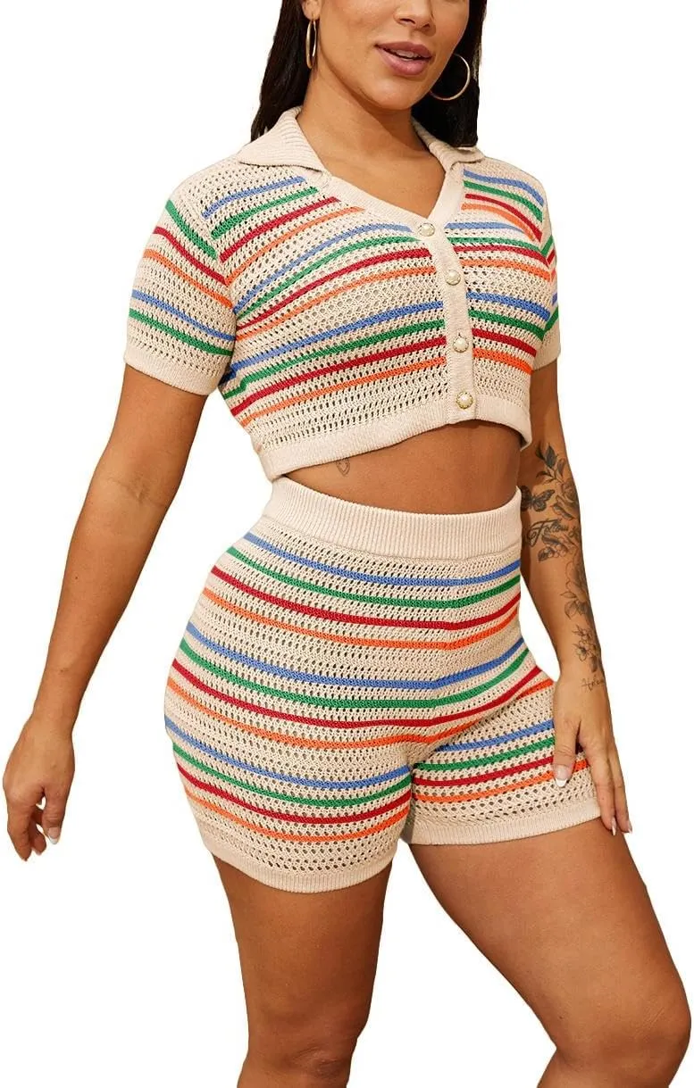 Womens 2 Piece Crochet Outfits Knit Button Down Shirts Hollow Out See Through Color Block Summer Vacation Short Sets