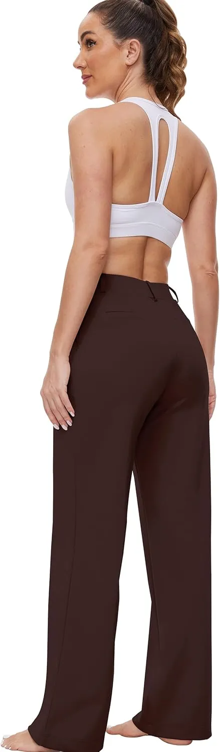 Womens 22"/27"/29"/31" Wide Leg Pleated Yoga Dress Pants, High Waist Stretchy Slacks for Workout Business Casual