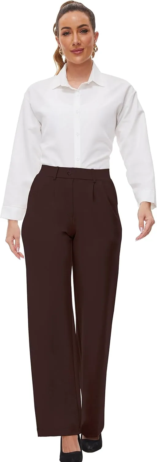 Womens 22"/27"/29"/31" Wide Leg Pleated Yoga Dress Pants, High Waist Stretchy Slacks for Workout Business Casual