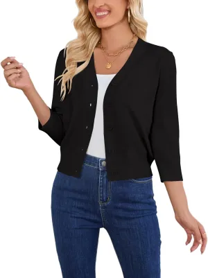 Women's 3/4 Sleeve Cropped Cardigan V Neck Solid Button Down Knit Bolero Shrugs Open Front Cardigans