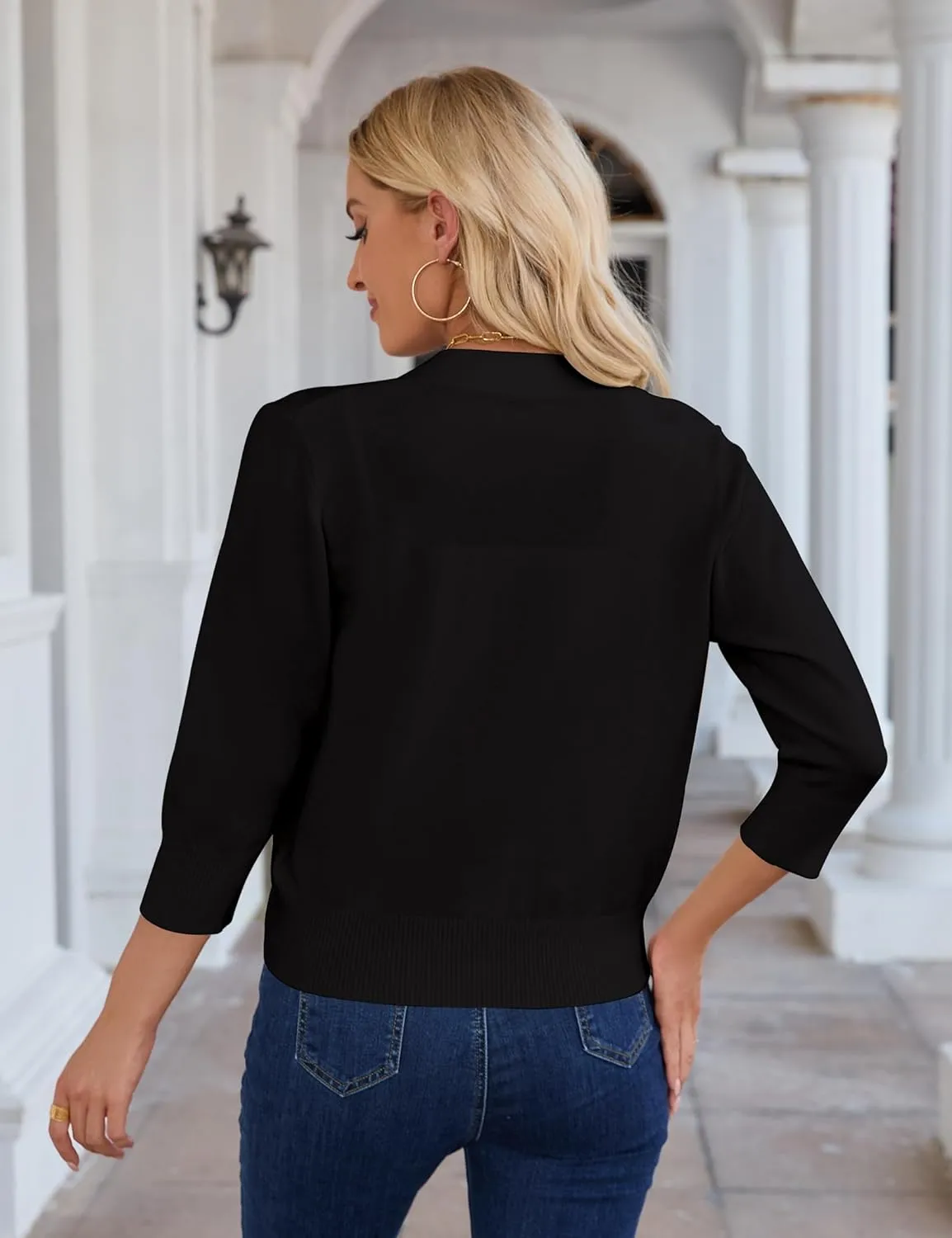 Women's 3/4 Sleeve Cropped Cardigan V Neck Solid Button Down Knit Bolero Shrugs Open Front Cardigans