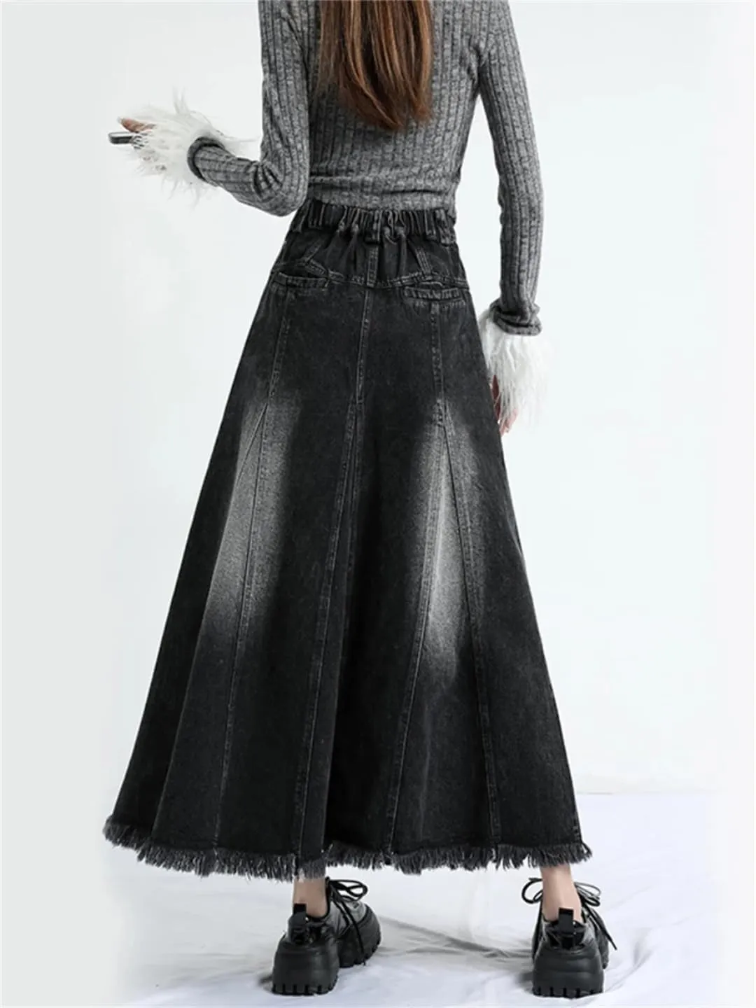 Women's Ankle-Length Denim All-Match Tassels Loose High Waisted A-Line Skirts