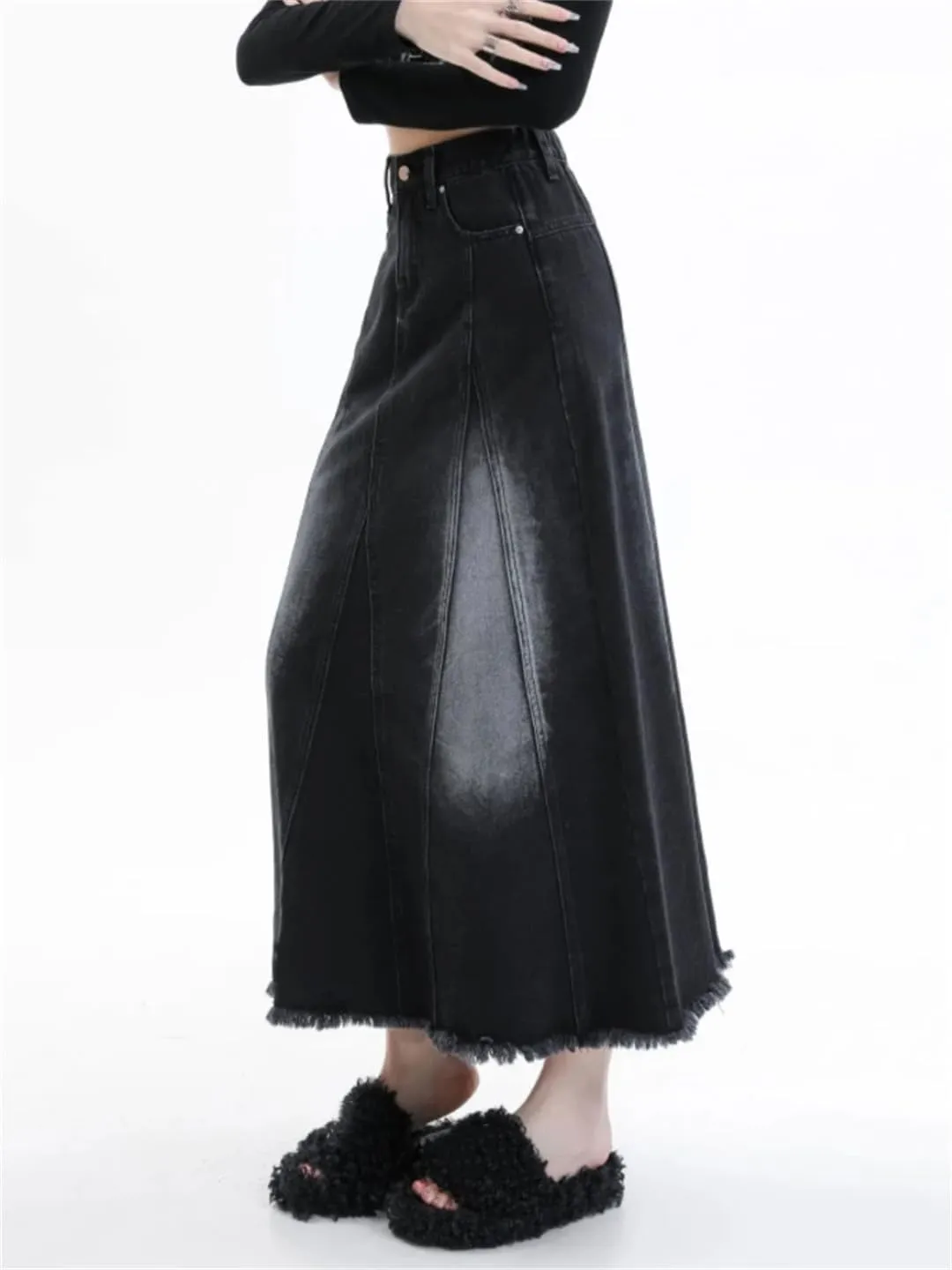 Women's Ankle-Length Denim All-Match Tassels Loose High Waisted A-Line Skirts