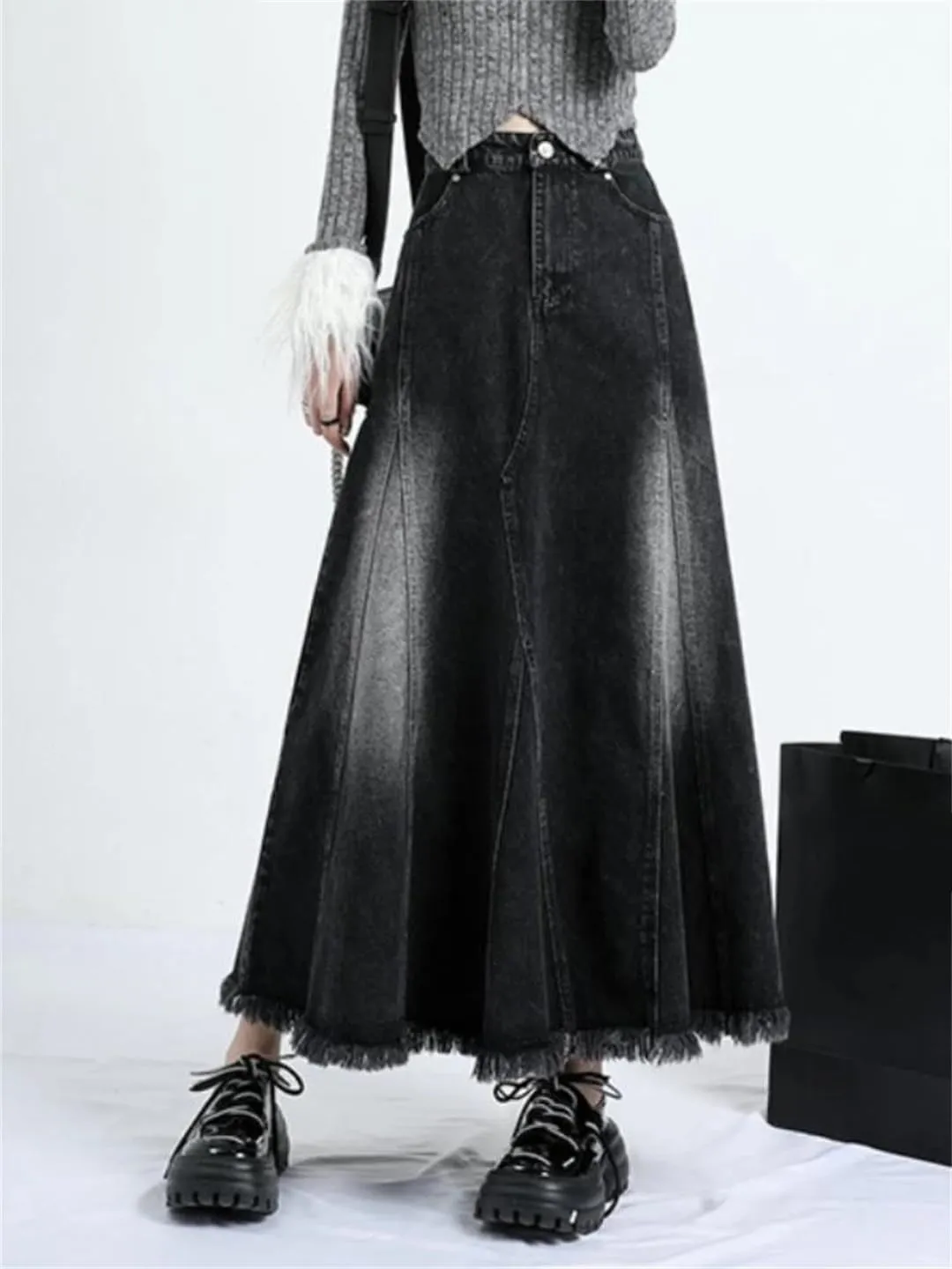 Women's Ankle-Length Denim All-Match Tassels Loose High Waisted A-Line Skirts