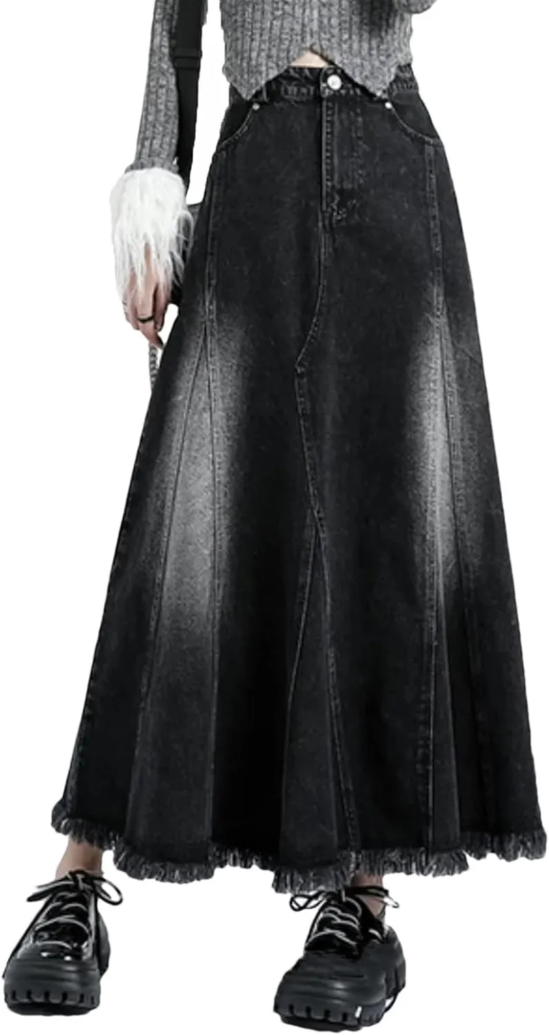 Women's Ankle-Length Denim All-Match Tassels Loose High Waisted A-Line Skirts