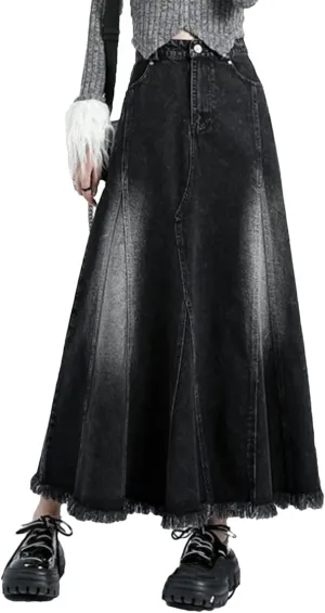 Women's Ankle-Length Denim All-Match Tassels Loose High Waisted A-Line Skirts
