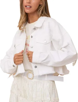 Women's Casual Beads Fringe Jacket Cropped Tassel Fringe Rhinestone Jean Coat