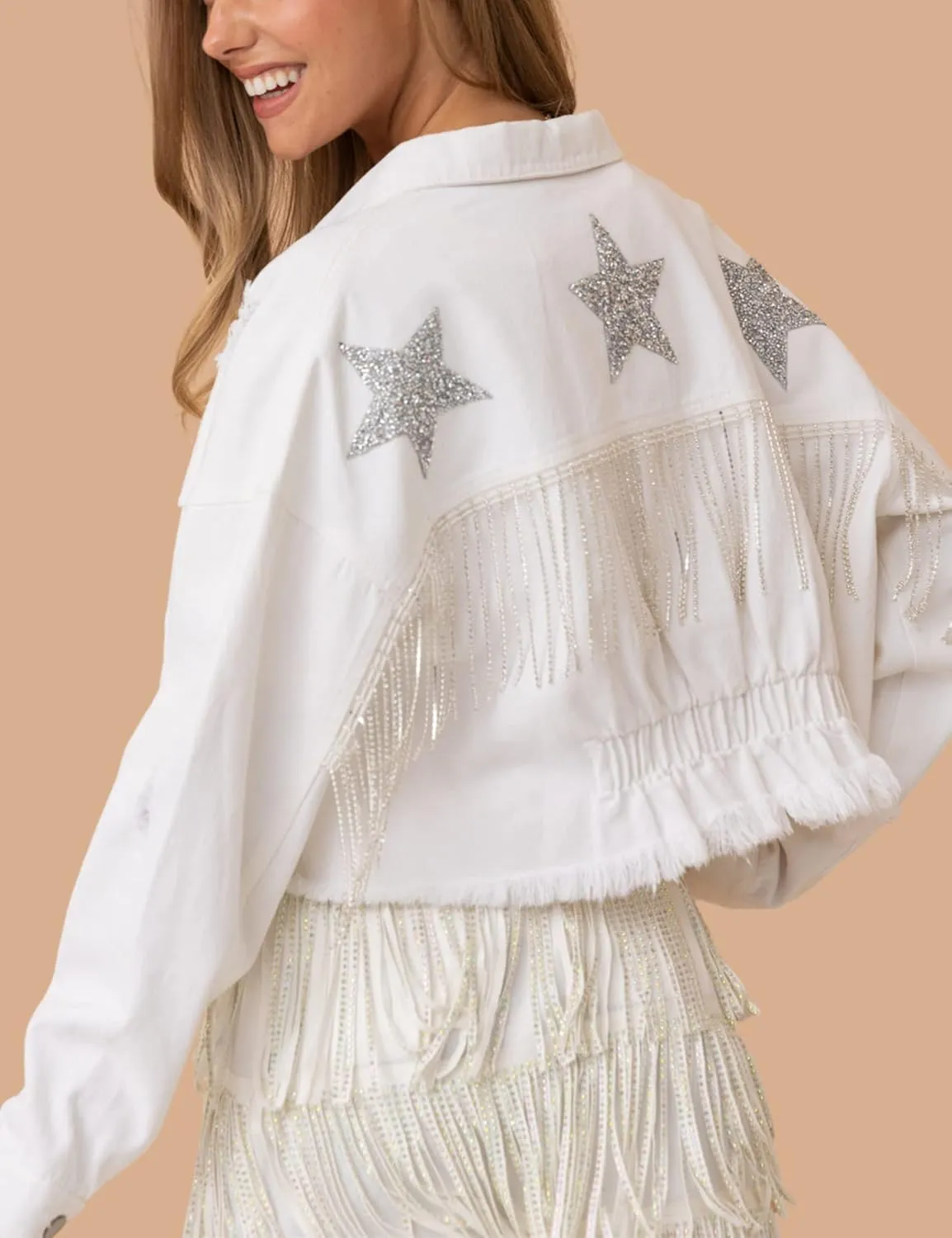 Women's Casual Beads Fringe Jacket Cropped Tassel Fringe Rhinestone Jean Coat