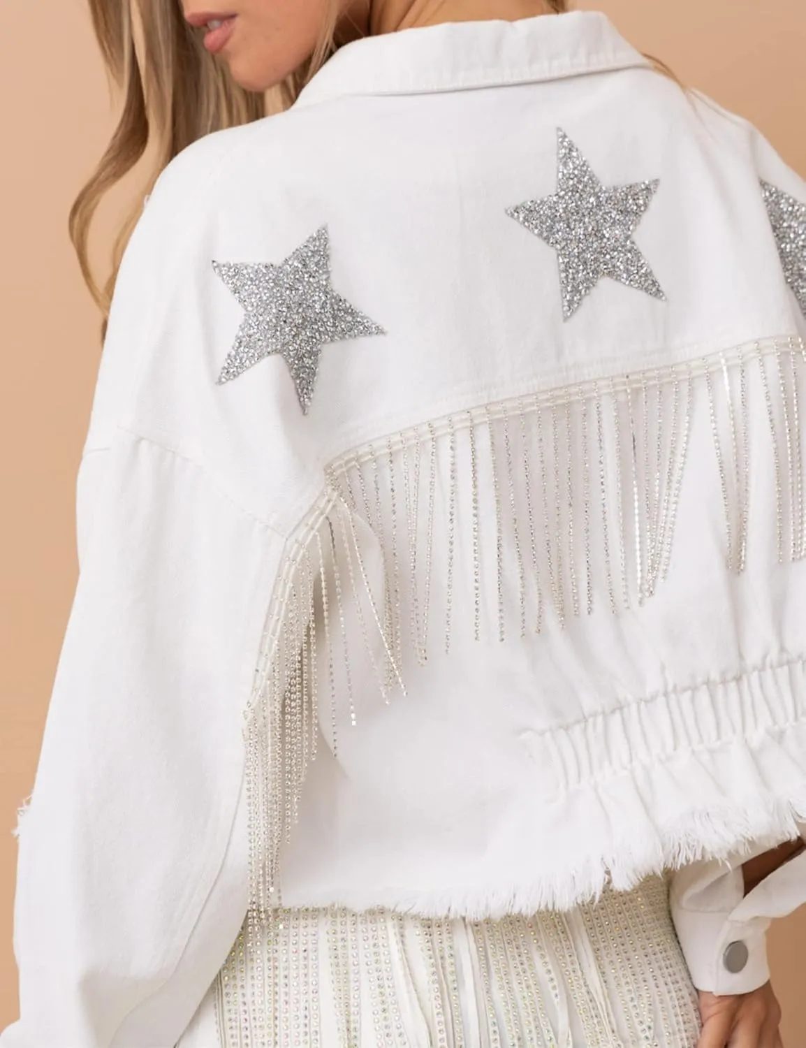 Women's Casual Beads Fringe Jacket Cropped Tassel Fringe Rhinestone Jean Coat