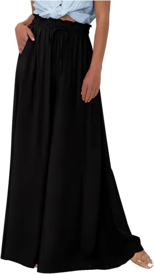 Women's Casual Boho Linen Pants Summer 2024 Floral Print Palazzo Trousers Women High Waist Wide Leg Pants with Pockets, Large, #A6-black