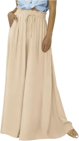 Women's Casual Boho Linen Pants Summer 2024 Floral Print Palazzo Trousers Women High Waist Wide Leg Pants with Pockets, Medium, #A5-beige