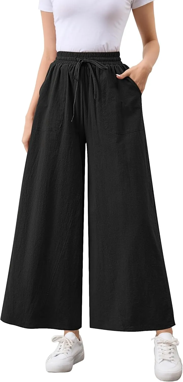 Womens Casual Linen Wide Leg Pants Trousers High Waisted Drawstring Tailored Baggy Pant Palazzo Lounge Pant Pockets