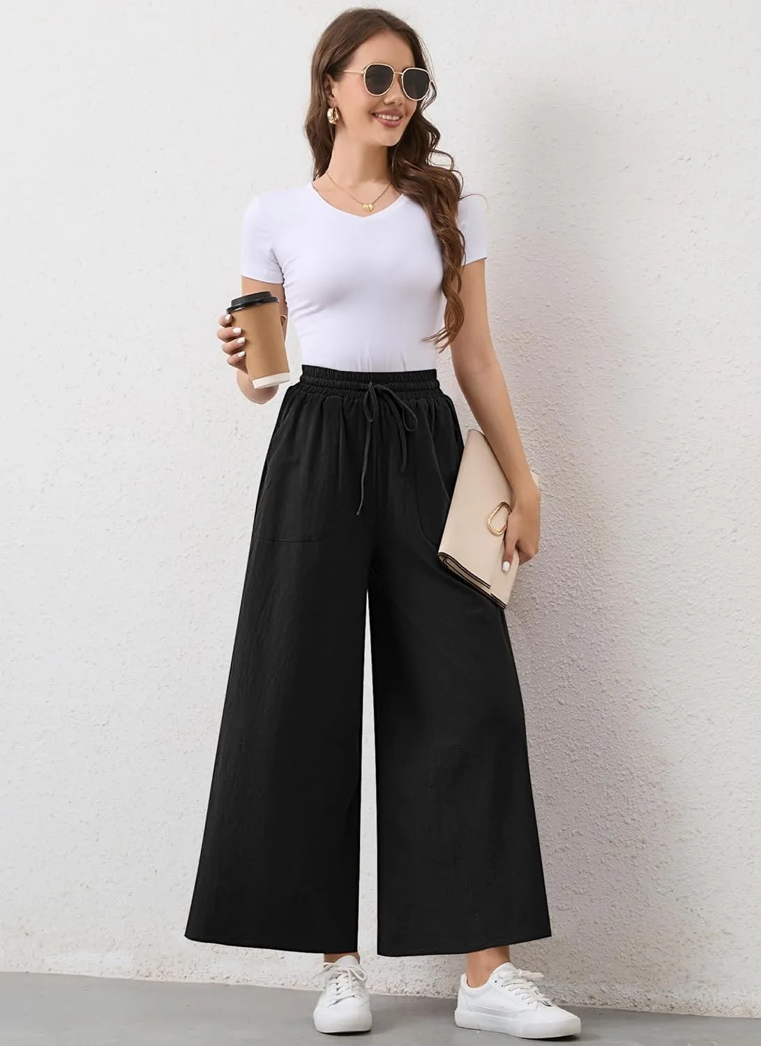 Womens Casual Linen Wide Leg Pants Trousers High Waisted Drawstring Tailored Baggy Pant Palazzo Lounge Pant Pockets