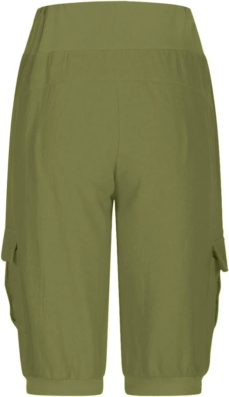 Womens Cotton Linen Capri Pants,High Waist 3/4 Length Cropped Trousers Summer Casual Bottoms Button Capris with Pockets